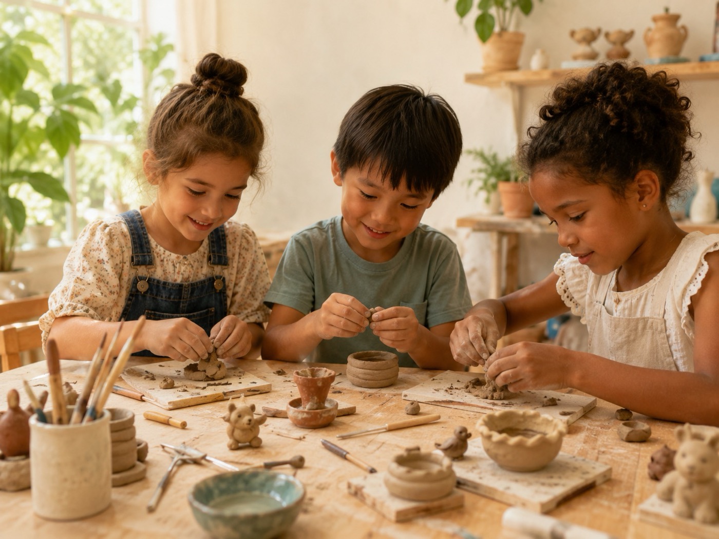 Children shaping small clay projects at a wooden table